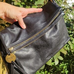 Margot New York Mickey Double Zipper Black Leather Crossbody Bag